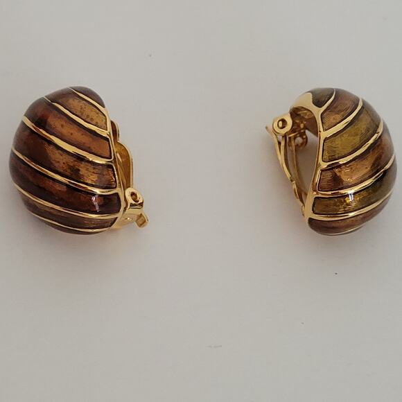 Vintage D orlan Clip On Earrings Oval Gold Bronze Enamel Stripped Glam Statement - Picture 5 of 6